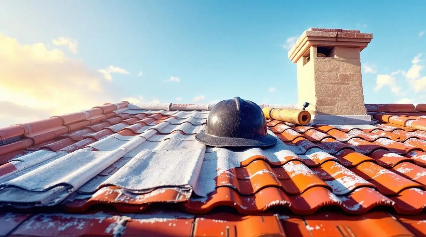 Professional roofing contractors installing authentic terracotta Spanish tiles on a commercial building in Bonita.