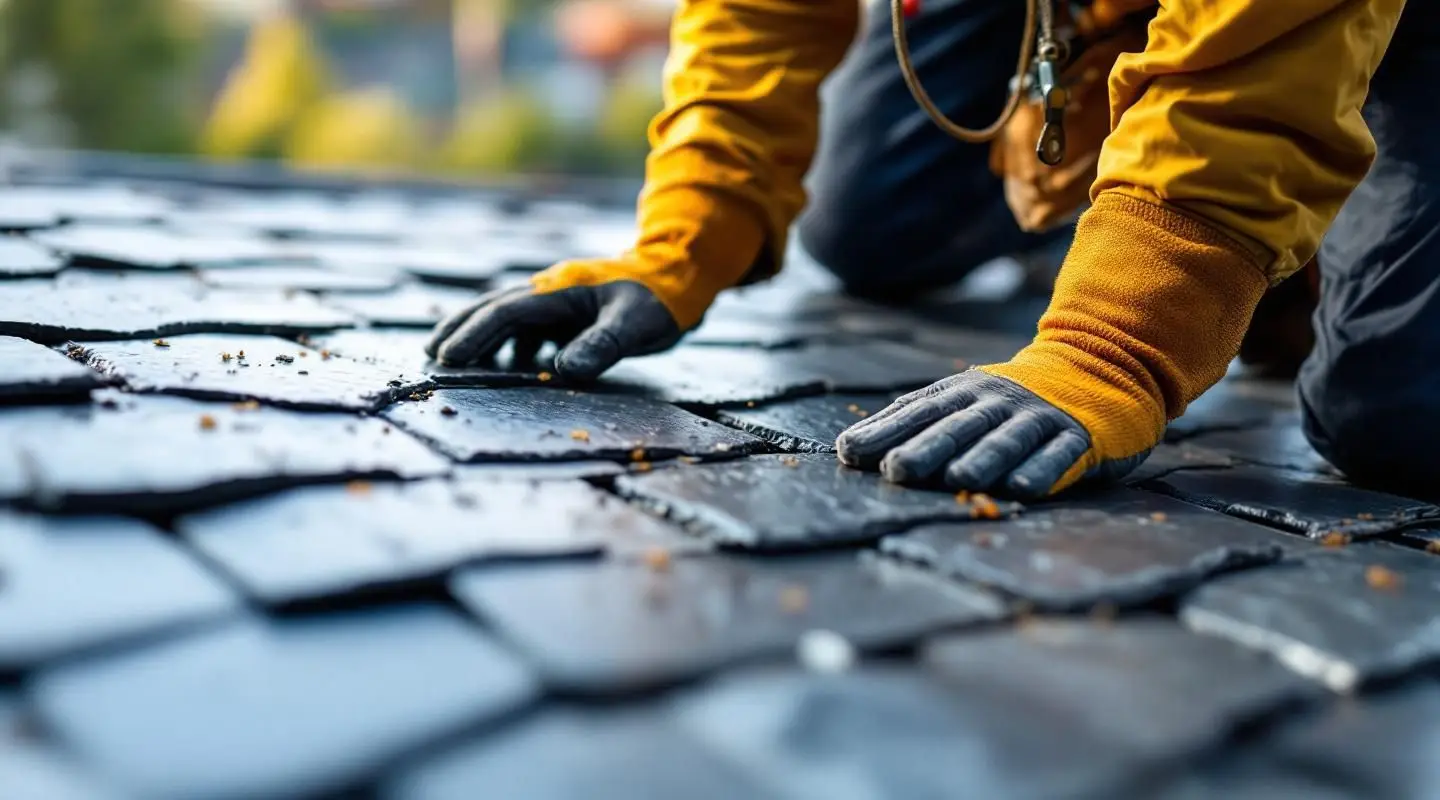 A professional roofing team meticulously installing natural slate tiles on a large Bonita commercial building.