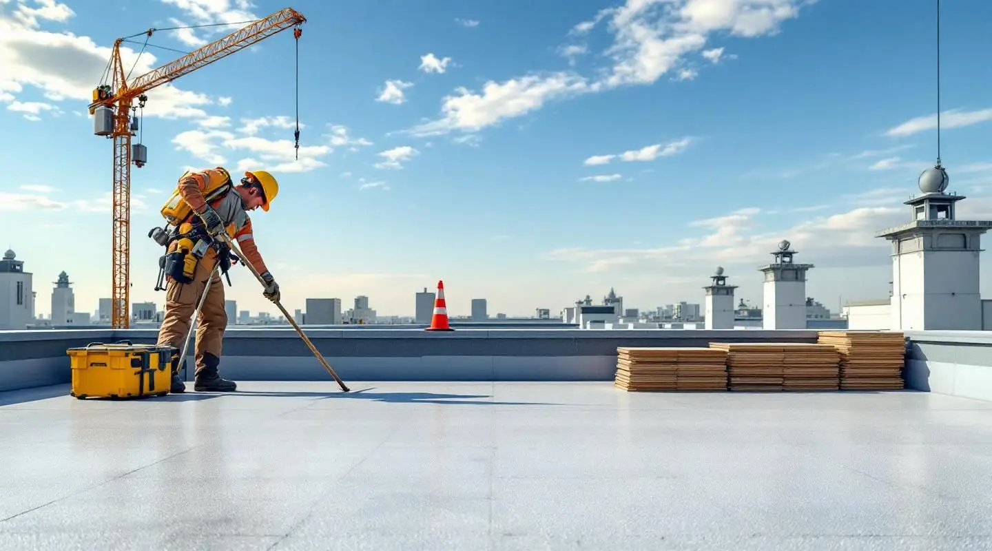 Professional contractors installing a durable white TPO flat roof system on a Bonita commercial building.