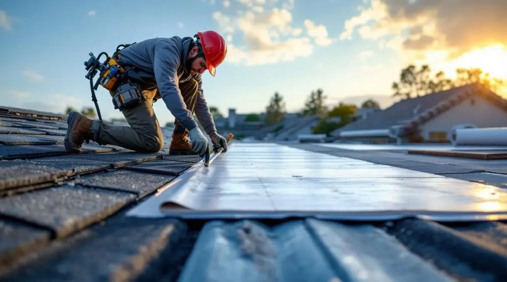 Professional roofing crew installing high-quality asphalt shingles on a Santee home under clear skies.