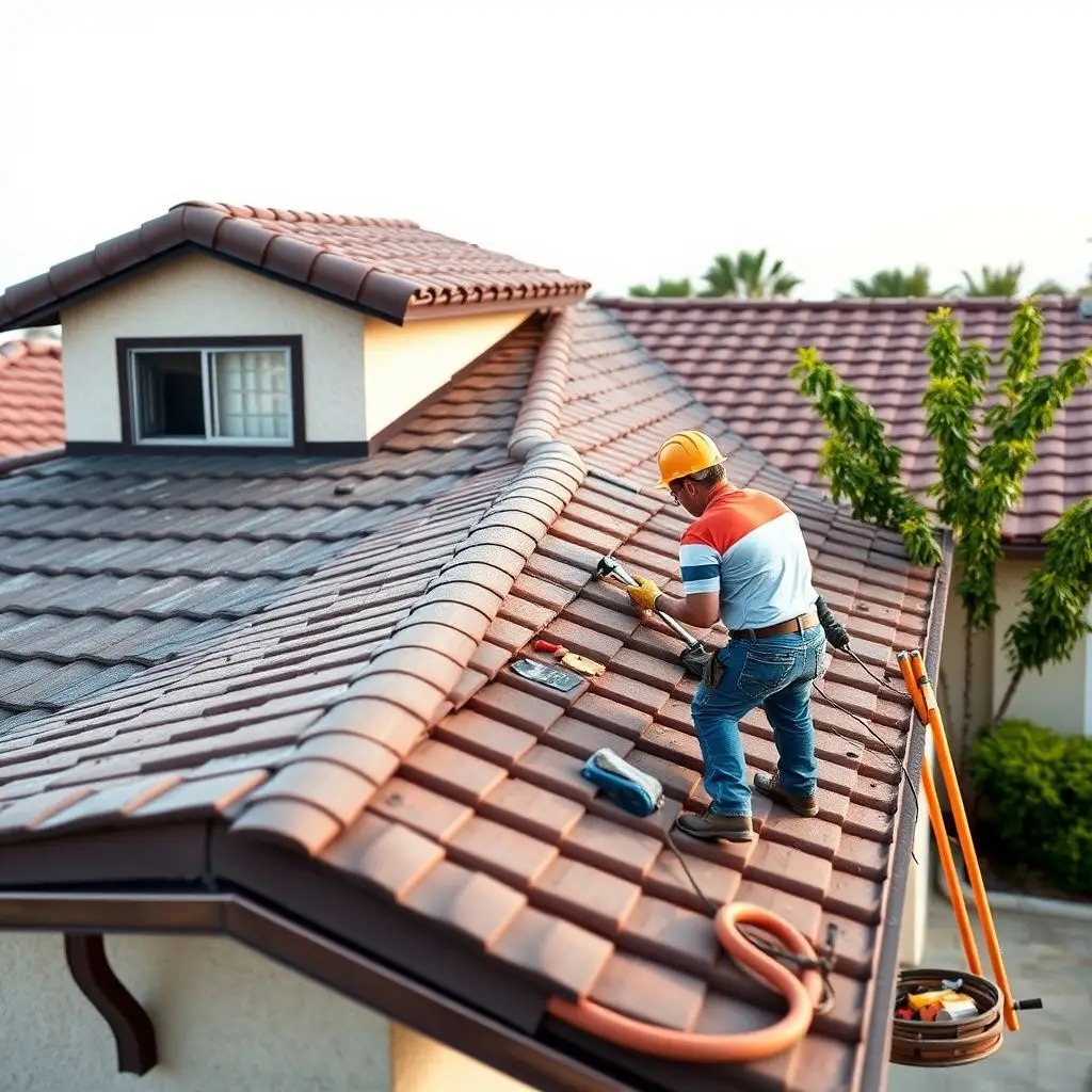 A professional roofing team carefully installing new shingles on a beautiful Bonita residence during a sunny afternoon.