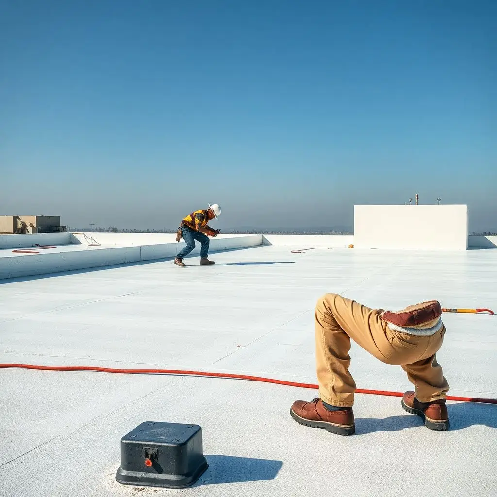 Roofing contractors performing precision seam repairs on a commercial flat roof in Bonita.