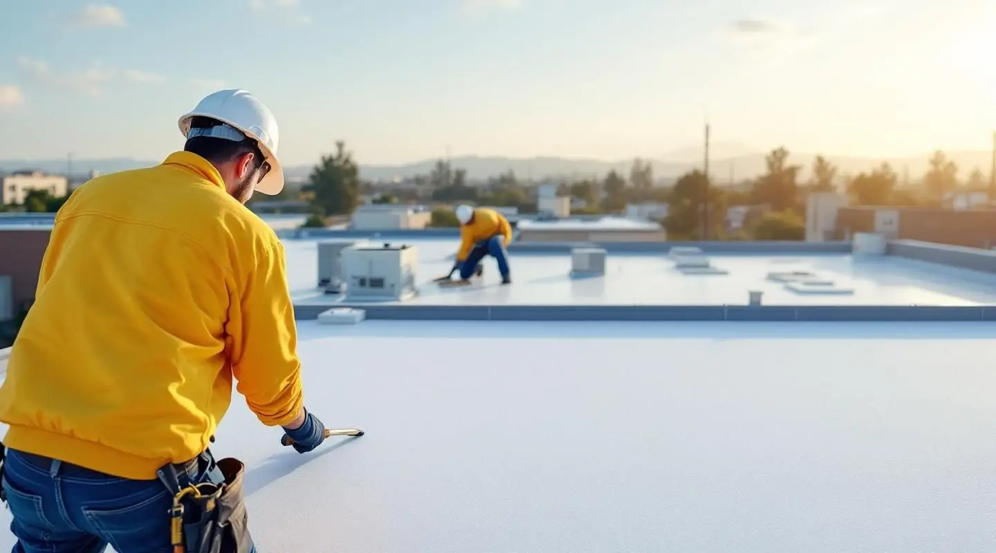 A commercial flat roof in Bonita featuring white TPO membrane installation under bright California sunlight.